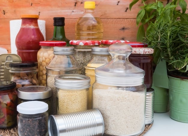 Several different kinds of repurposed containers such as canned goods, jars, and disposable tupperware, being used to store dry goods or as planters on an outdoor shelf.