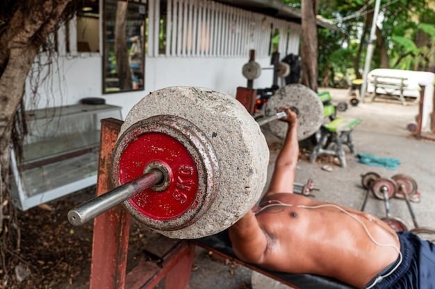 A person lifting homemade weights made from concrete-filled buckets attached to a sturdy metal bar in a DIY home gym. The setting is a simple but functional garage gym, highlighting resourcefulness and determination.