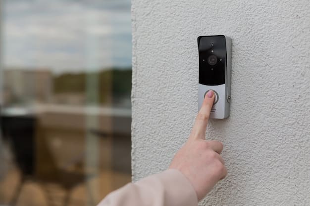 A close-up shot of a smart lock installed on a front door. The lock is sleek and modern, featuring a digital keypad. The door is a warm, inviting color, and the background is slightly blurred to focus on the smart lock's technology and security features.
