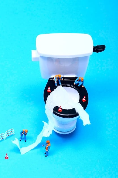 An open toilet tank showing the internal components, including the flapper, fill valve, and float. A hand is pointing to a worn flapper.