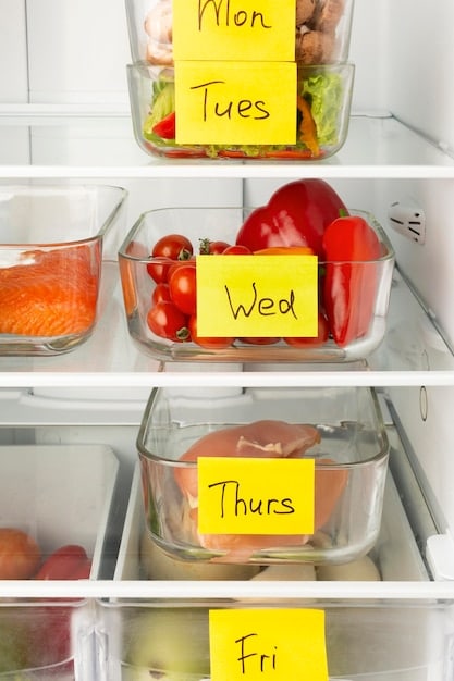 An organized kitchen pantry and refrigerator, showcasing various food items correctly stored in clear, airtight containers, with labels indicating dates for better management.