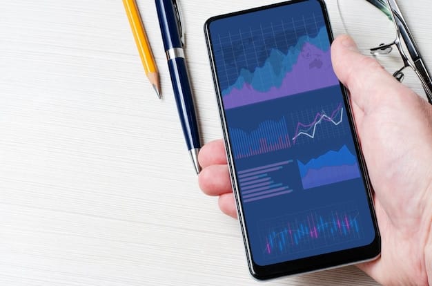 A graph showing investment growth on a mobile app, with a hand tapping on the screen to simulate making a trade. The background includes financial charts and data.