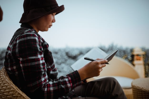 A person sitting at a cafe, using a tablet to browse hotel deals on a travel app. The cafe is cozy and inviting, suggesting a relaxed travel planning session.