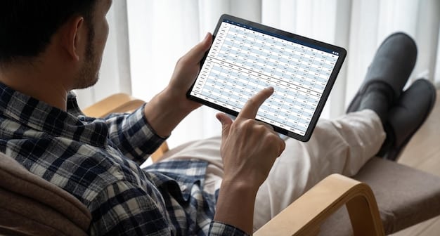 A person using a tablet displaying a savings goal tracker, with progress bars showing how much has been saved towards goals like 