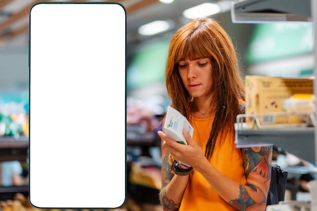 A person using a smartphone to take a photo of a product display in a grocery store. The lighting is bright and the focus is on both the smartphone screen and the products in the background.