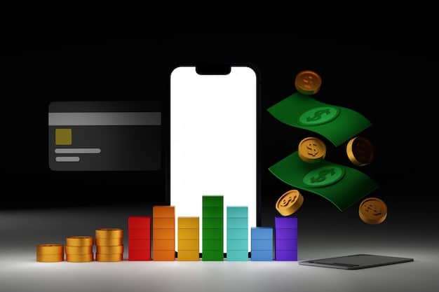 A close-up of a smartphone screen displaying various cashback app logos and a rising bar chart, symbolizing financial growth and successful savings. In the background, coins are neatly stacked.