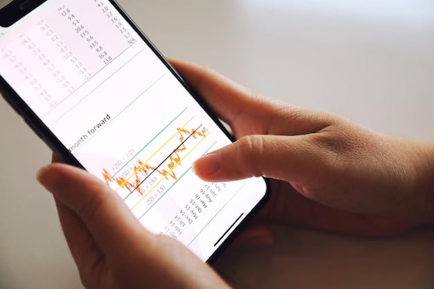 A close-up of a smartphone screen displaying a budgeting app's interface, showing a positive balance and a graph trending upwards, with a blurred background of a modern office.