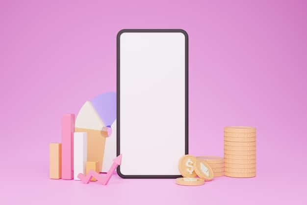 A person's hand interacting with a sleek, minimalist smartphone displaying a colorful pie chart of expenses and savings on a budgeting app, with a subtle background of stacked coins.