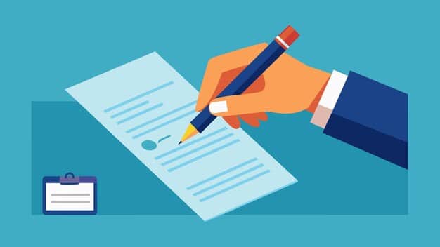 A close-up shot of a hand signing a document labeled 