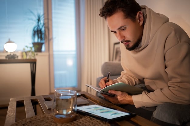 A person using a calculator and writing in a notebook, with a focus on budgeting and expense tracking. The setting is a calm, organized home office.