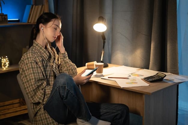 A person using a calculator and looking worried while reviewing bills on a table. The scene is set in a dimly lit room, adding to the atmosphere of stress and concern over finances.