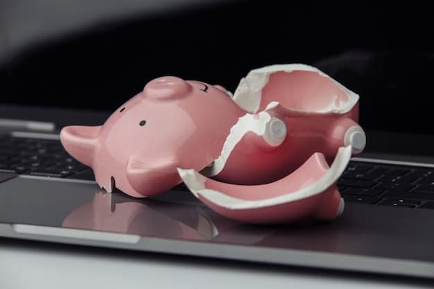 A cracked piggy bank with money falling out, placed on top of a credit score report showing a significant decrease, visually representing the financial risks and impact on credit score associated with debt settlement.