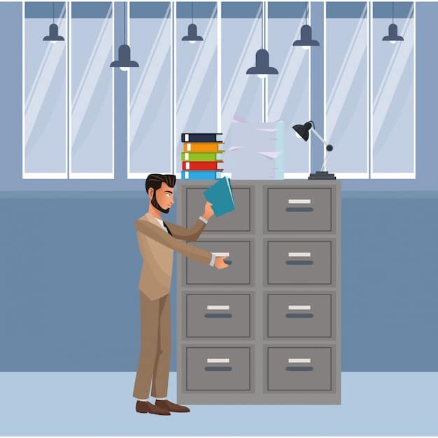 A person filing documents into an organized filing cabinet, symbolizing maintaining good records and being organized in debt management.
