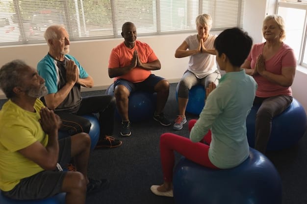 A diverse group of seniors participating in a group exercise class, demonstrating active and healthy living, symbolizing proactive measures for well-being that can reduce future healthcare costs.