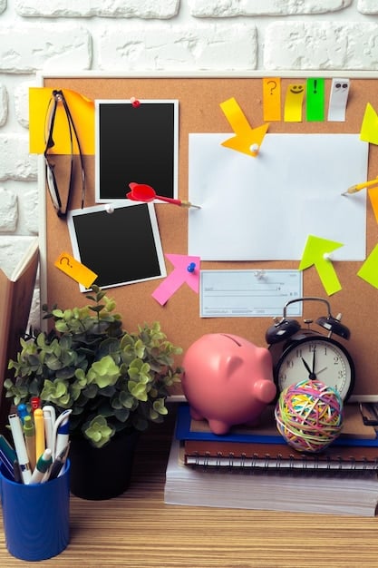 A vision board with images representing various financial goals, such as a house, a vacation destination, and a retirement fund, surrounded by sticky notes with financial affirmations.