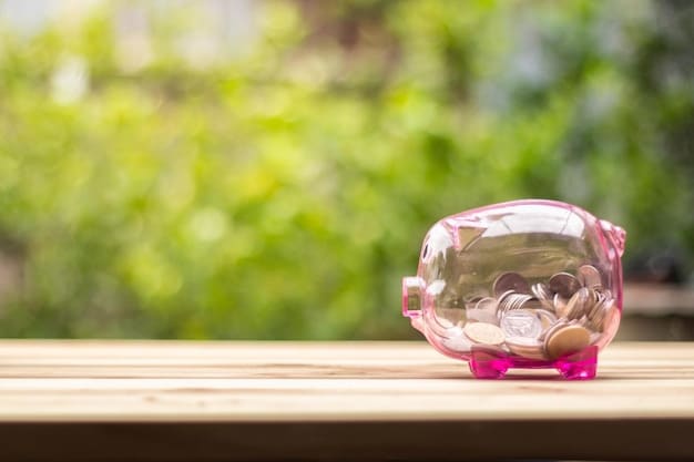 A piggy bank with a dollar bill being inserted. The background is blurred, suggesting a secure, stable financial environment.
