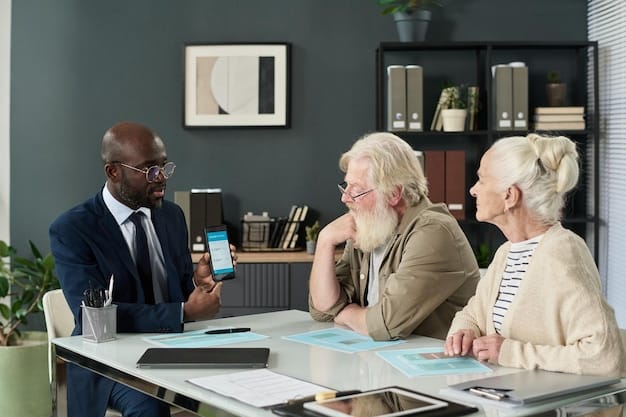 A diverse group of seniors participating in a retirement planning seminar, attentively listening to a financial advisor presenting on a screen.
