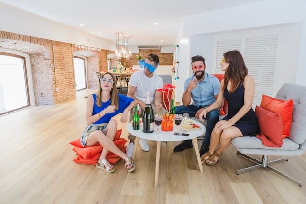 A colorful and inviting hostel common room filled with travelers socializing, playing games, and relaxing on comfortable sofas. The scene should convey a sense of community and budget-friendly travel.