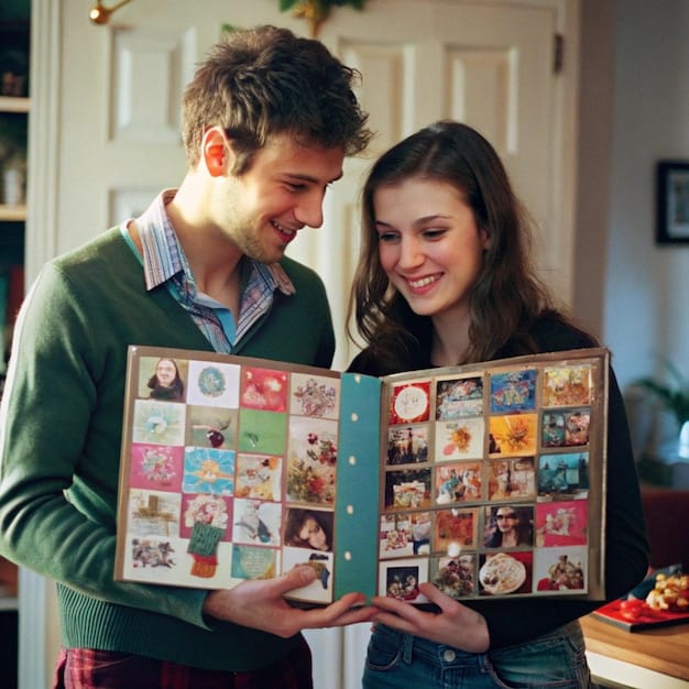 A couple looking at a vision board filled with pictures representing their financial goals, such as travel, a new home, and investments. They are smiling and pointing at the board, showing their excitement and shared vision.