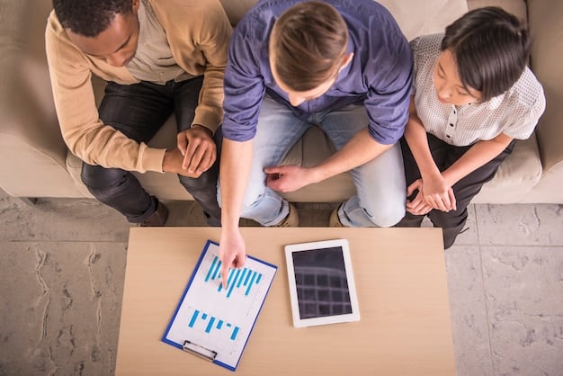 A family gathered around a tablet, looking at a budgeting app interface with colorful graphs and numbers, visually representing their financial plan.