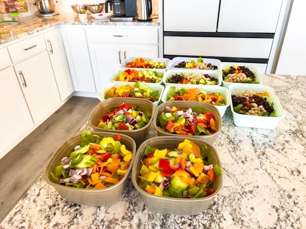 A well-organized meal prep station with multiple containers filled with healthy, pre-portioned meals, showcasing a colorful variety of vegetables, grains, and proteins, set against a clean kitchen background.
