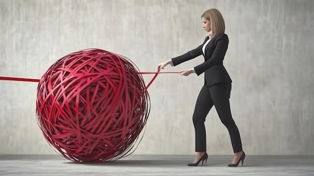 A person looking perplexed at a tangled ball of red tape and strings, representing financial complications and the challenge of navigating budget pitfalls.