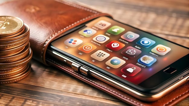 A close-up shot of a smartphone screen displaying five different app icons representing money-saving and budgeting applications, with abstract financial data graphs in the background, suggesting technology and savings.
