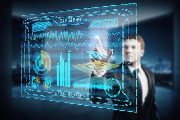 A futuristic interface showing artificial intelligence algorithms analyzing financial data, projecting savings, and offering personalized investment advice, with holographic displays and digital money flowing in the background.