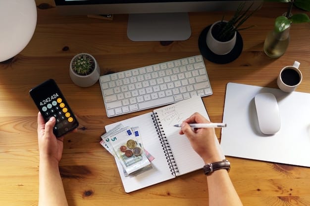 A person meticulously planning their budget on a spreadsheet, with a calculator and coffee cup on the side, demonstrating financial discipline.