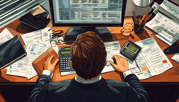 A person looking at multiple financial statements, including bank statements and utility bills, spread out on a desk, with a calculator and a laptop, symbolizing detailed financial data collection.